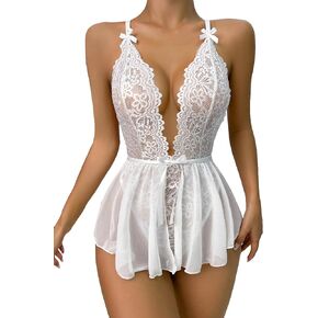 Verdusa Women's Lace Mesh Crisscross Plunge V Neck Thong Teddy Lingerie Bodysuit