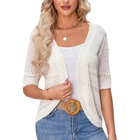 KANCY KOLE Women's Short Sleeve Cardigans 2024 Lightweight Elegant Scalloped Cropped Sweaters Hollow-Out Shrugs Tops