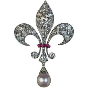 Simulated White Diamond, Pearl & Red Ruby Vintage Brooch Pin 925 Silver Yellow Gold Plated