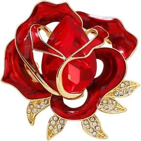 Rhinestone Red Flower Brooch Pin for Women Girls Gold Plated Fashion Crystal Enamel Rose Brooches Lapel Pins Elegant Dress Accessories Jewelry Boutonniere Corsage for Hat Bag Gift Wedding Father's Day
