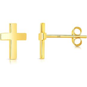 14k Solid Gold Small Polished Flat Plain Mini Cross Stud Earrings