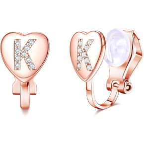 FUNRUN JEWELRY Heart Initial Clip on Stud Earrings for Women Rose Gold Plated Dainty Alphabet Letters A-Z Stud Earrings Non Pierced Stud Earrings