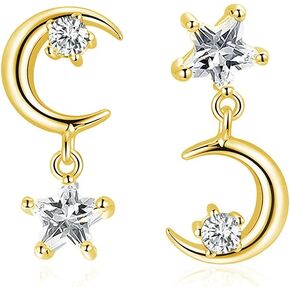 SLUYNZ 925 Sterling Silver CZ Crystal Star Moon Studs Earrings for Women Teen Girls Sparkling Asymmetric Studs Earrings