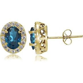 Sterling Silver, Yellow or Rose Gold Flashed London Blue and White Topaz Oval Halo Stud Earrings