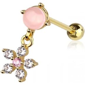 18GA 316L Stainless Steel Pink Stone with Dangling CZ Crystal Flower Barbell Stud