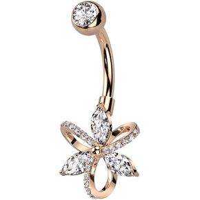 Amelia Fashion 14 Gauge Belly Ring With 3 Marquise CZ and 3 Hollow Pave CZ Flower Petals 316L Surgical Steel