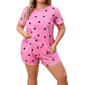 GORGLITTER Women's Plus Size 2 Piece Pajama Set Heart Print Short Sleeve Crewneck Tee with Shorts Pjs Set