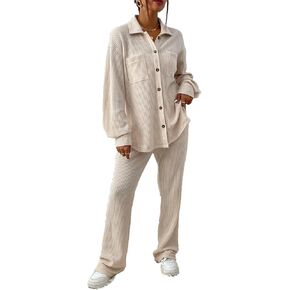 Women's 2 Piece Outfits Waffle Knit Shackets Long Sleeve Cardigan and High Waisted Pants Lounge Set