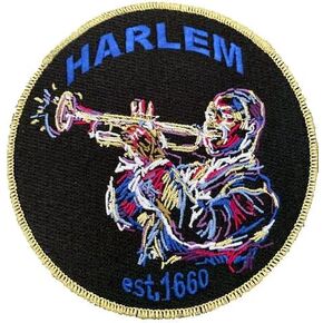 The Harlem Print Magic Round 4x4 Jazz Man Patch Can Be Sewned Or Ironed On to Bags, Jeans, Jackets Metallic Gold Thread Twill Backing Border Depcting The Harlem African American Experience