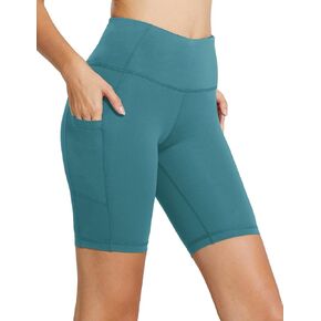 BALEAF Biker Shorts Women Yoga Gym Workout Spandex Running Volleyball Tummy Control Compression Shorts with Pockets 8" Green XS