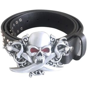 JEAN'S FRIEND Rhinestone Skull Buckle With Black Studded Genuine Leather Belt Five Length Size Choices