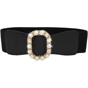 Women Pearl Elastic Belt for Dress Fashion Buckle Wide Rhinestone Sparkle Stretch Cinch Belts