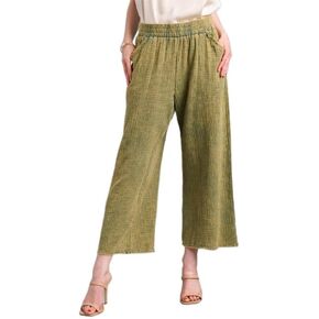 Umgee Mineral Wash Elastic Waistband Pants with Side Pockets & Unfinished Frayed Hem Detail