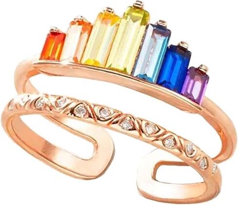 قوس قزح حلقة مزدوجة الفرقة، قابل للتعديل واسعة النطاق التراص خواتم قوس قزح للنساء، فتح قابل للتعديل مجوهرات عيد الحب in Kuwait