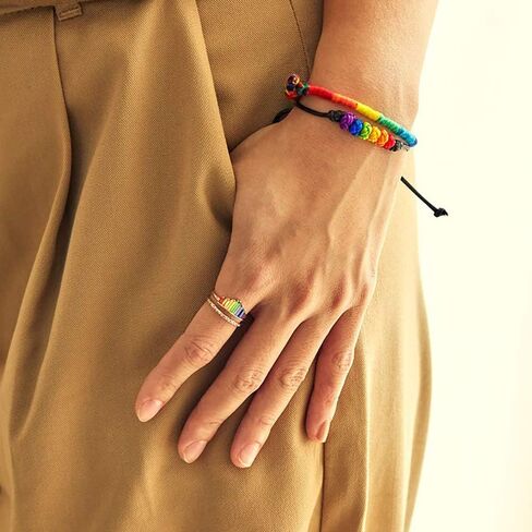 قوس قزح حلقة مزدوجة الفرقة، قابل للتعديل واسعة النطاق التراص خواتم قوس قزح للنساء، فتح قابل للتعديل مجوهرات عيد الحب in Kuwait