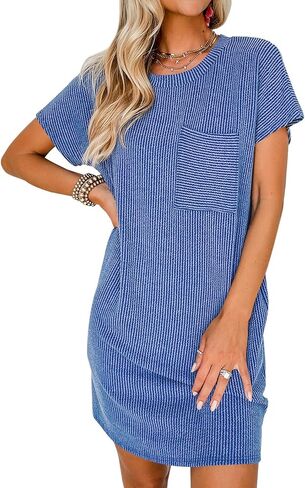 miduo Womens Casual Summer Crewneck Short Sleeve Striped Textured Ribbed Mini Tshirt Shift Dress in Saudi Arabia