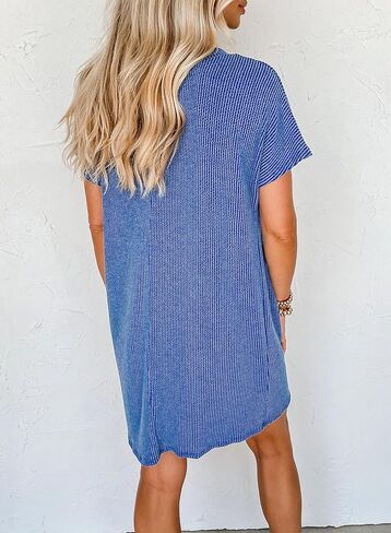 miduo Womens Casual Summer Crewneck Short Sleeve Striped Textured Ribbed Mini Tshirt Shift Dress in Saudi Arabia