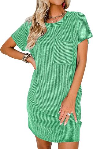miduo Womens Casual Summer Crewneck Short Sleeve Striped Textured Ribbed Mini Tshirt Shift Dress in Saudi Arabia