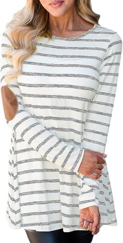 For G and PL Women Fashion Long Sleeve Elbow Patch Shirts Back Button Casual Fall Tunic Tops Striped Grey S in Saudi Arabia