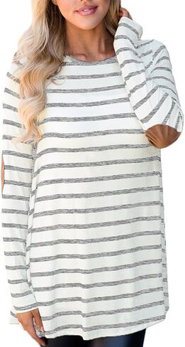 For G and PL Women Fashion Long Sleeve Elbow Patch Shirts Back Button Casual Fall Tunic Tops Striped Grey S in Saudi Arabia