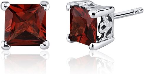 Peora Garnet Stud Earrings 925 Sterling Silver, Solitaire Scroll Gallery, Natural Gemstone Birthstone, 2 Carats Total Princess Cut 6mm, Friction Backs in Saudi Arabia