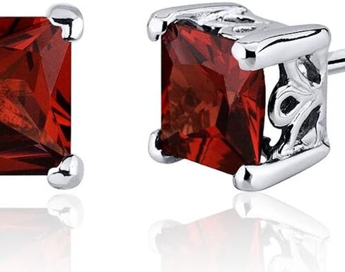 Peora Garnet Stud Earrings 925 Sterling Silver, Solitaire Scroll Gallery, Natural Gemstone Birthstone, 2 Carats Total Princess Cut 6mm, Friction Backs in Saudi Arabia