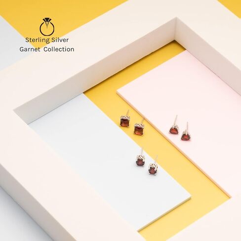 Peora Garnet Stud Earrings 925 Sterling Silver, Solitaire Scroll Gallery, Natural Gemstone Birthstone, 2 Carats Total Princess Cut 6mm, Friction Backs in Saudi Arabia