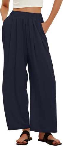 بنطلون نسائي من الكتان عالي الخصر من Beaully سروال بالازو واسع الساق كاجوال فضفاض طويل مع جيوب in Kuwait