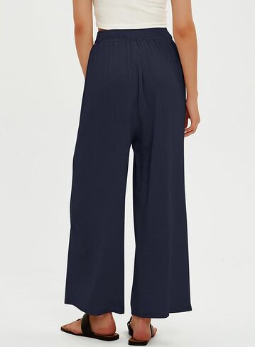 بنطلون نسائي من الكتان عالي الخصر من Beaully سروال بالازو واسع الساق كاجوال فضفاض طويل مع جيوب in Kuwait