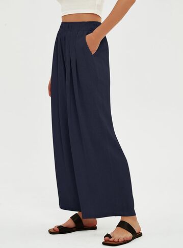 بنطلون نسائي من الكتان عالي الخصر من Beaully سروال بالازو واسع الساق كاجوال فضفاض طويل مع جيوب in Kuwait