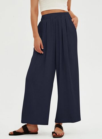 بنطلون نسائي من الكتان عالي الخصر من Beaully سروال بالازو واسع الساق كاجوال فضفاض طويل مع جيوب in Kuwait