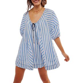 Women Striped Rompers Puff Short Sleeve Oversized Jumpsuit with Pockets Summer Wide Leg Romper Beach Outfits