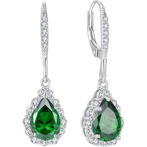 Women Earrings 925 Sterling Silver Birthstone Halo Teardrop Drop & Dangle Earrings Leverback Earrings with 7*10mm 5A Cubic Zirconia Jewelry Gift for Mother Grandma Daughter Grandaughter friend