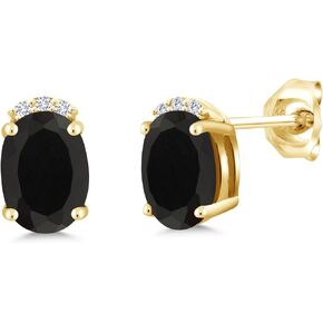 Gem Stone King 18K Yellow Gold Plated Silver Black Onyx and White Lab Grown Diamond Earrings For Women (1.46 Cttw, Gemstone Birthstone, Oval 7X5MM)