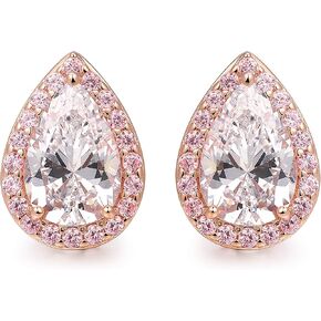 14K Rose Gold Plated 925 Sterling Silver White and Pink Cubic Zirconia Teardrop Halo Stud Earrings or Pendant Necklace
