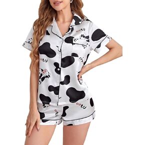 WDIRARA Women's Sleepwear Cow Print Satin Short Sleeve Shirt and Shorts Pajama Set