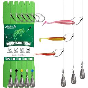Dovesun 5PCS Drop Shot Rigs for Bass Fishing Rig Ready Tied Rigs Drop Shot Hooks with Drop Shot Weights Swivel Fluorocarbon Fishing Line Weedless Hooks 1/0 2/0