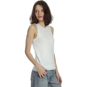 Minnie Rose Womens Frayed Scoop Neck, Armholes & Hem Cotton Cashmere Tank Top