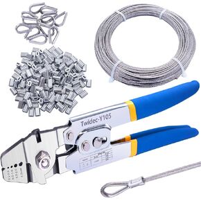 Twidec/Wire Rope Crimping Tool Up To 2.2mm With 240PCS 1/16''Aluminum Crimping Loop Sleeve And 165FT 1/16'' 304 stainless steel Wire Rope 20PCS Wire Rope Thimbles And Wire Rope Cable Cutter Kit