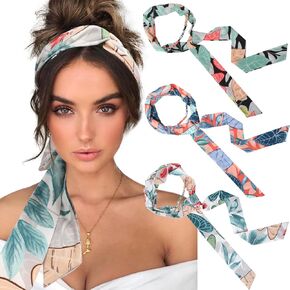 AWAYTR Women's Long Twist Knotted Chiffon Headbands - 3PCS Criss Cross Head Wraps for Thick Hair (Black+Beige+Khaki)