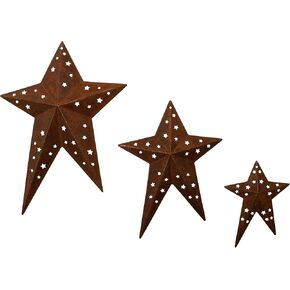 CVHOMEDECO. Primitives Rustic Vintage Gifts Black Punched Metal Barn Stars for Wall/Wreaths/Twigs Decor, 8/6/4 Inch, Set of 3