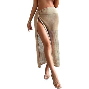 GORGLITTER Women's Twist Front Crochet Cover Up Skirt Split Thigh Hollow Out Beach Cover Up