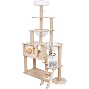 Wooden Cat Tree, 65-Inch Cat Tower for Indoor Cats, Large Cat Nest with 15 Scratching Posts, 1 Perches, 1 Caves, 2 Transparent Space Capsule, Cat Furniture, Wood Color