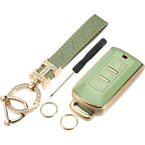 Key Fob Cover Kit Compatible for Mitsubishi Outlander, 3 Button Gold Tone Edge Fashion Soft TPU Black Remote Keyless Smart Key Fob Case Protection Shell with Keychain