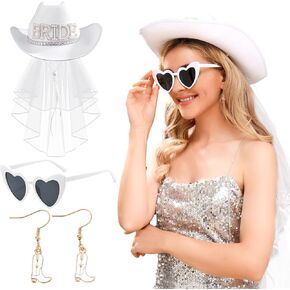 JeVenis 3 PCS Cowboy Hat With Veil Cowgirl Bride Hat Bride Cowgirl Bachelorette Hat Bridal Hats Bride To Be Cowgirl Hat