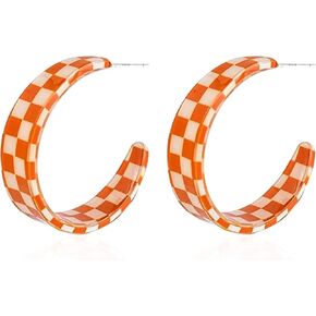 Checkered Big Grid C Shape Hoop Earrings Colorful Chunky Shape Trendy Earrings Cute Candy Acrylic Resin Earrings Jewelry for Women