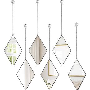 6 Pcs Diamond Wall Mirror with Chain Hanging Mirror Set with Diamond Handle Frame Decorative Chain Mirror for Home Entryways Living Room Bathroom Farmhouse Wall Decor(Rose Gold)