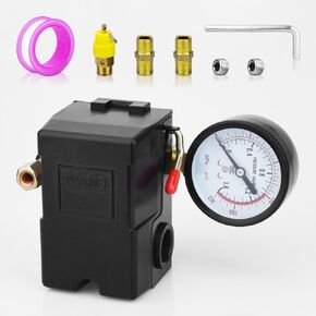 Air compressor pressure switch 90-120PSI four-way air compressor replacement parts, 110V-240V available pressure switch for air compressor,Equipped with 0-180PSI pressure gauge (WS-01)