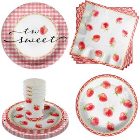 Two Sweet Strawberry Birthday Party Supplies Second Birthday Party Kit Includes Large 9" Plates 8" Plates Cups and Napkins 64 Piece Kit for 16