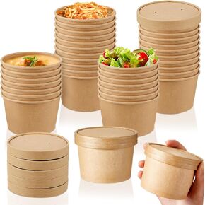 Sabary 50 Pack 8 oz Paper Soup Containers with Lid Disposable Kraft Soup Food Bowl Microwavable Food Storage Ice Cream Containers Nice for Restaurants (Brown)